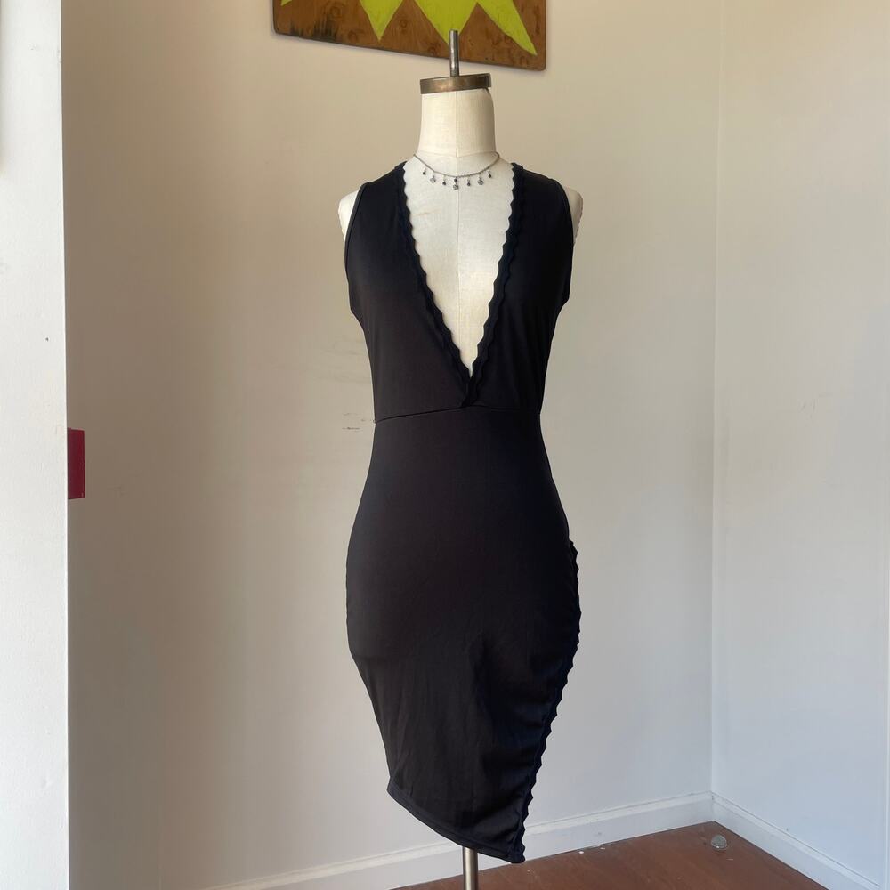 90’s black asymmetrical deep v mini dress
